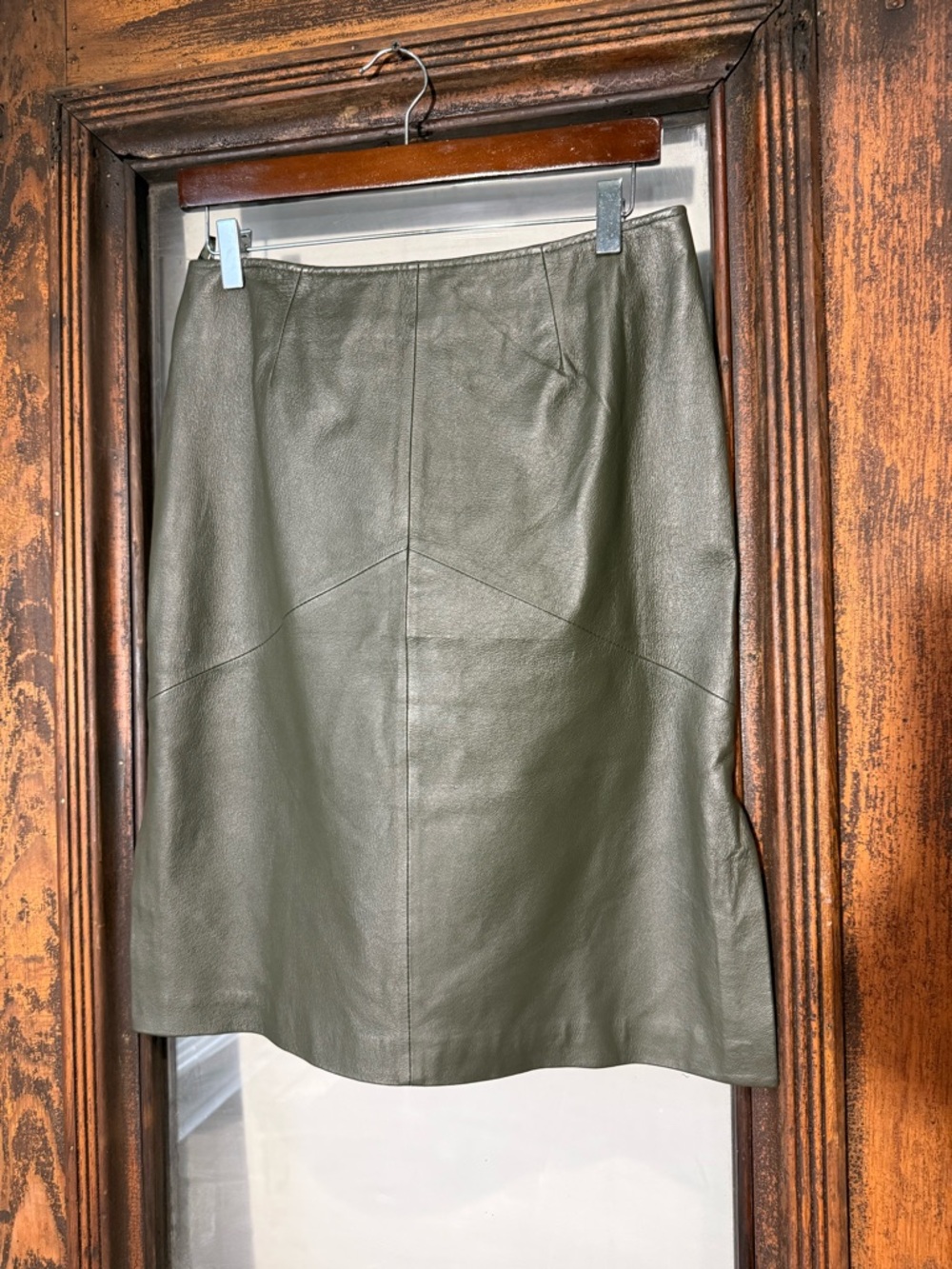Newport News Olive Green Leather A-Line Mini Skirt